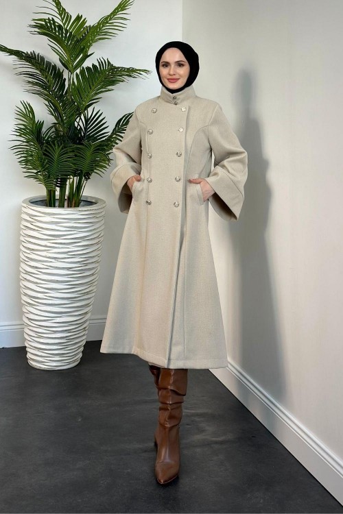 Jeremiah Hakim Yaka Düğmeli Astarlı Kaban Krem