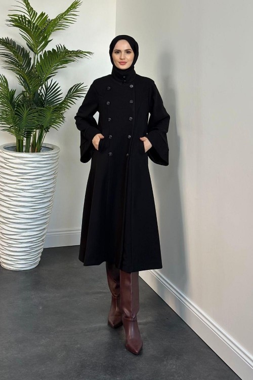 Jeremiah Hakim Yaka Düğmeli Astarlı Kaban Siyah