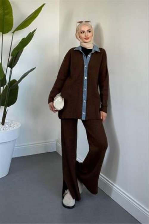 Kai Kot Geçişli Triko Takım Kahverengi