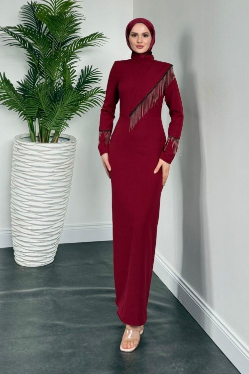 Kalia Püsküllü Kalem Elbise Bordo
