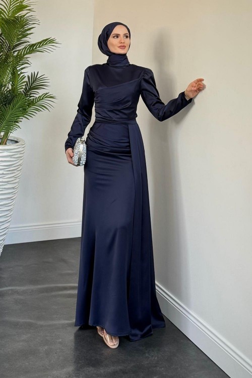 Perisa Yandan Pelerinli Abiye Lacivert