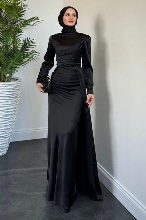 Perisa Yandan Pelerinli Abiye Siyah