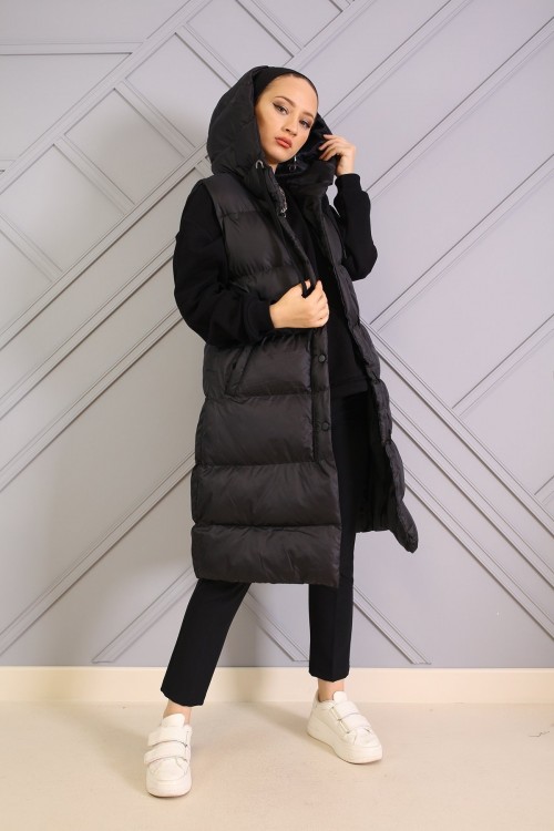 Kapşonlu Şişme Yelek Siyah