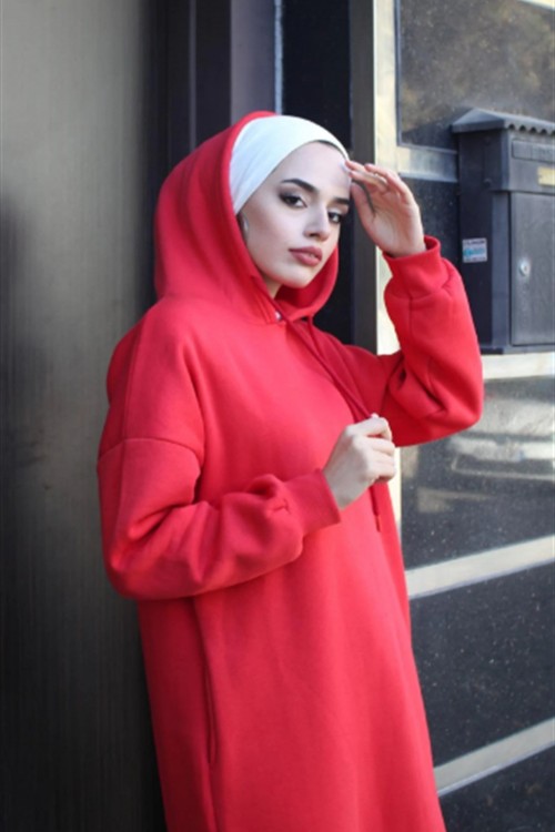 Kapşonlu Volanlı Elbise Kırmızı