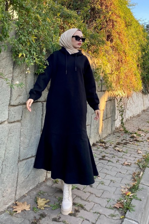 Kapşonlu Volanlı Elbise Siyah