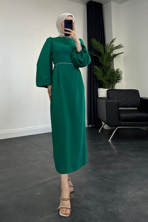 Karen Balon Kol Beli Taşlı Abiye Yeşil