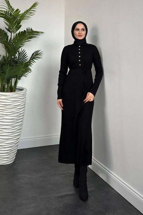 Karunika Düğmeli Seyyar Kuşak Triko Elbise Siyah