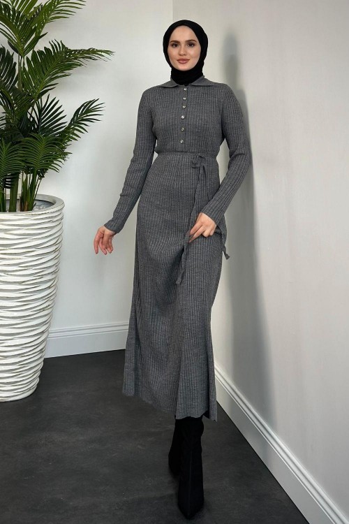 Karunika Düğmeli Seyyar Kuşak Triko Elbise Füme