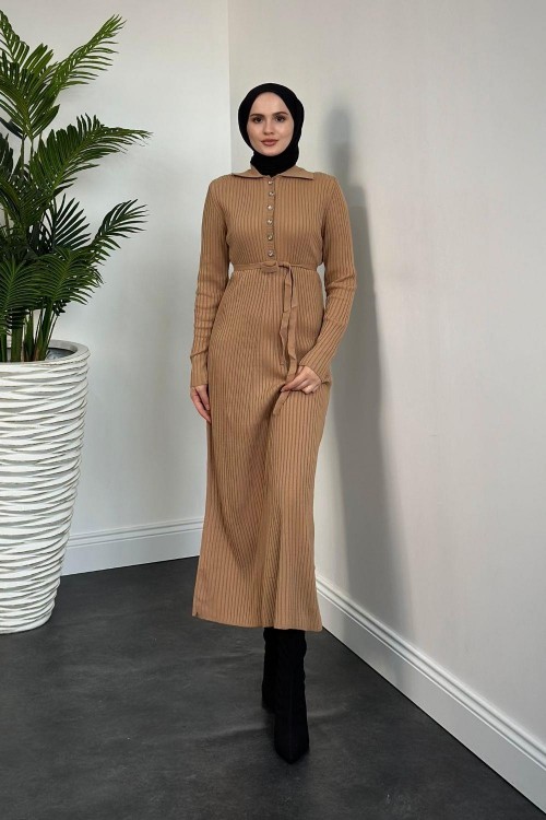 Karunika Düğmeli Seyyar Kuşak Triko Elbise Vizon
