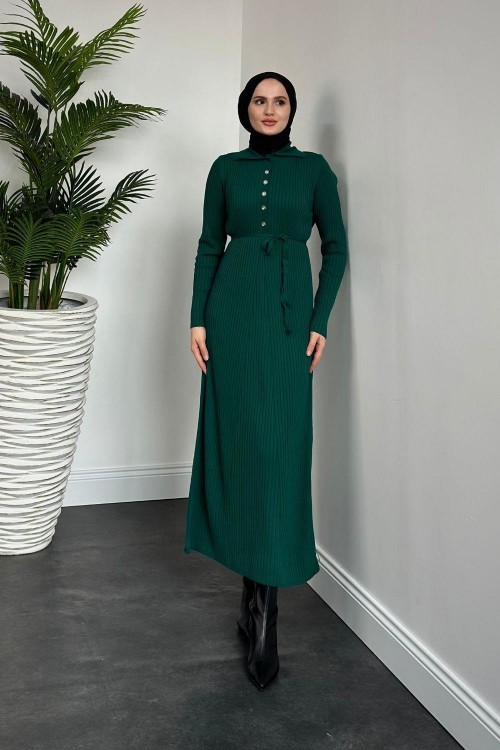 Karunika Düğmeli Seyyar Kuşak Triko Elbise Zümrüt