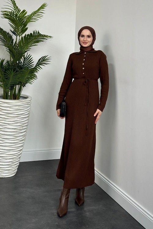 Karunika Düğmeli Seyyar Kuşak Triko Elbise Kahverengi