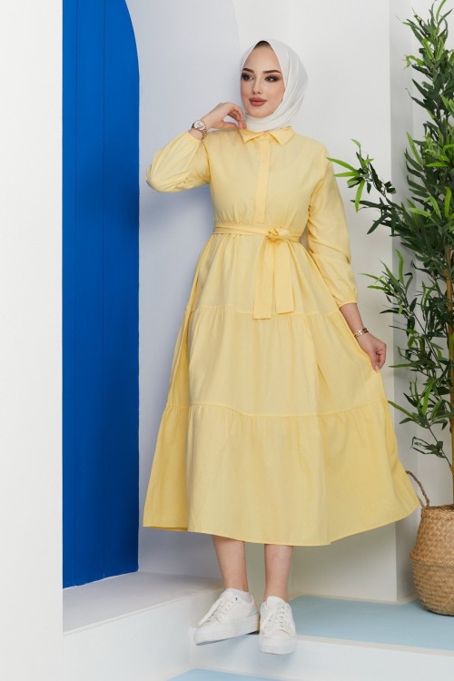 Kat Kat Düğmeli Gömlek Elbise Sarı