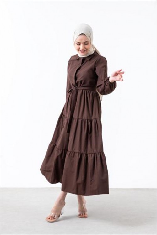 Kat Kat Düğmeli Poplin Elbise Kahverengi