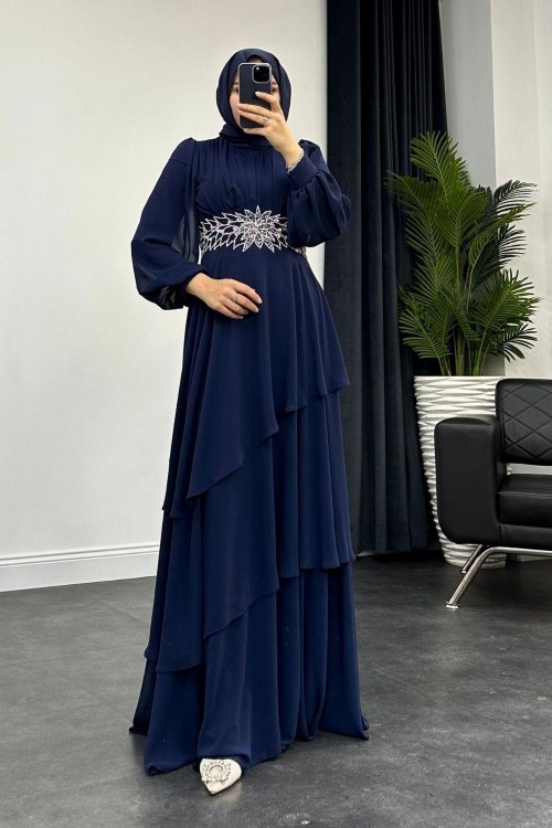 Kat Kat Taş İşlemeli Abiye Lacivert