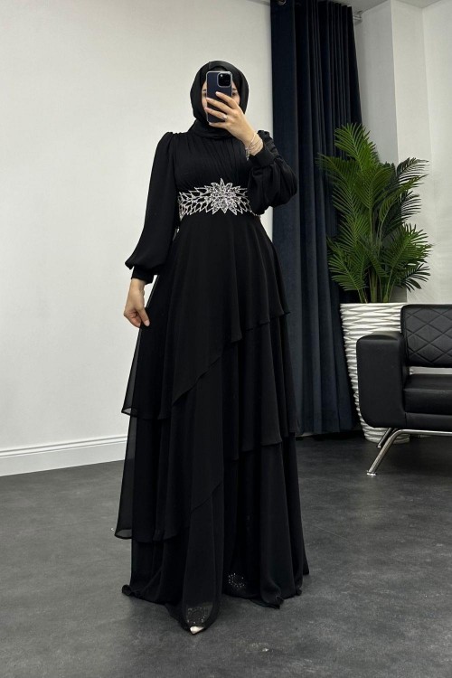 Kat Kat Taş İşlemeli Abiye Siyah