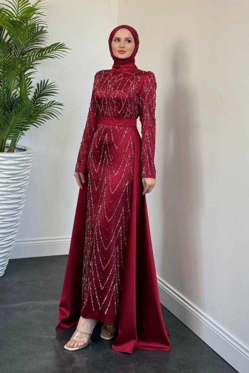 Katy Pelerinli Simli Abiye Bordo