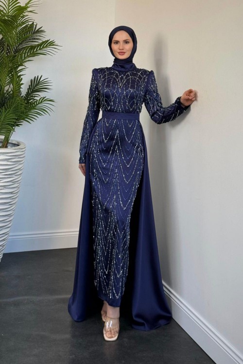 Katy Pelerinli Simli Abiye Lacivert