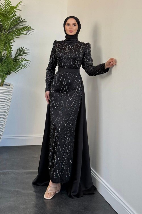 Katy Pelerinli Simli Abiye Siyah