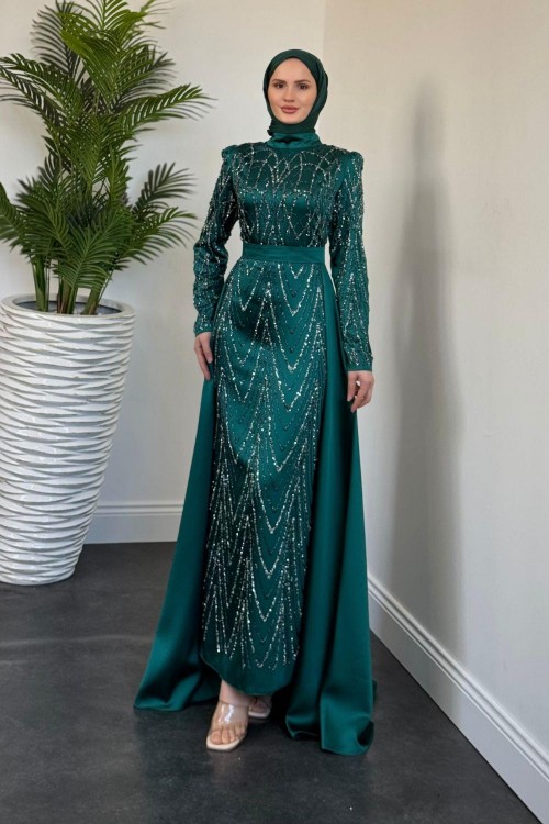 Katy Pelerinli Simli Abiye Zümrüt