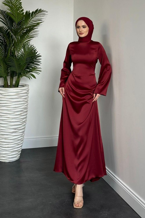 Kayra Arkadan Büzgülü Saten Abiye Bordo