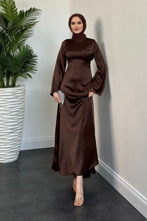 Kayra Arkadan Büzgülü Saten Abiye Kahverengi