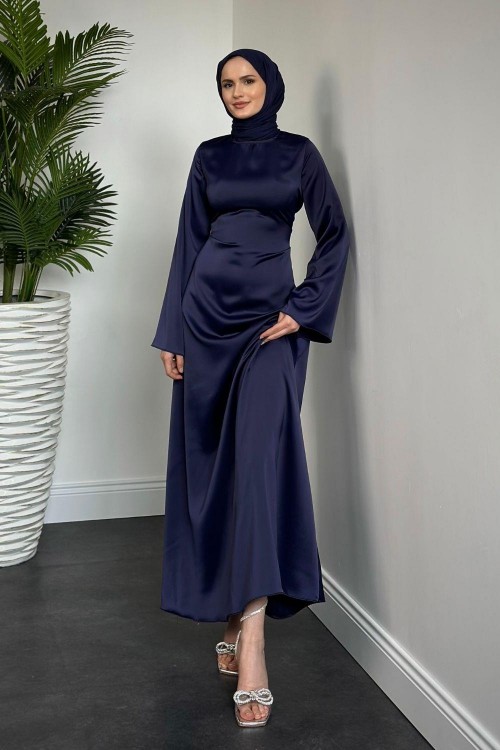 Kayra Arkadan Büzgülü Saten Abiye Lacivert