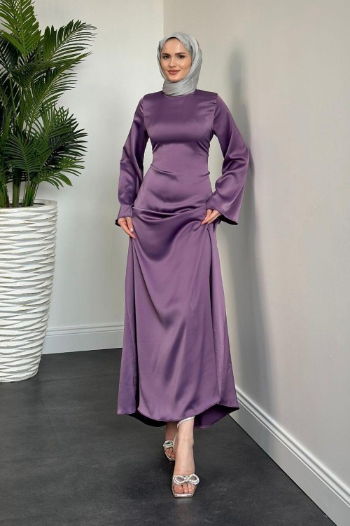 Kayra Arkadan Büzgülü Saten Abiye Lila