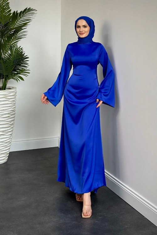 Kayra Arkadan Büzgülü Saten Abiye Saks