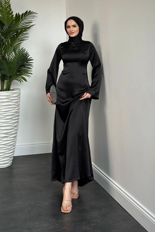 Kayra Arkadan Büzgülü Saten Abiye Siyah