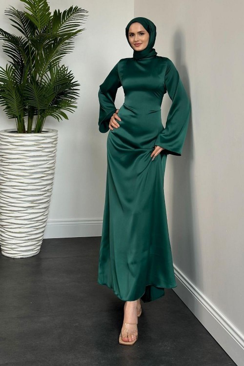 Kayra Arkadan Büzgülü Saten Abiye Zümrüt