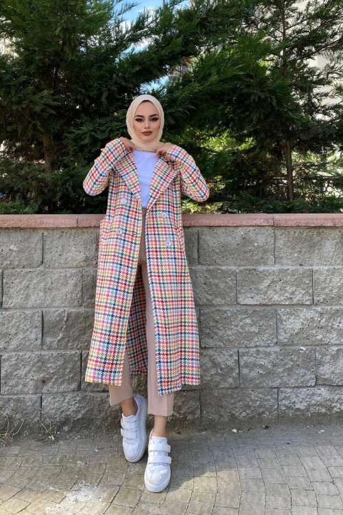 Kaz Ayağı Desenli Kaban Krem