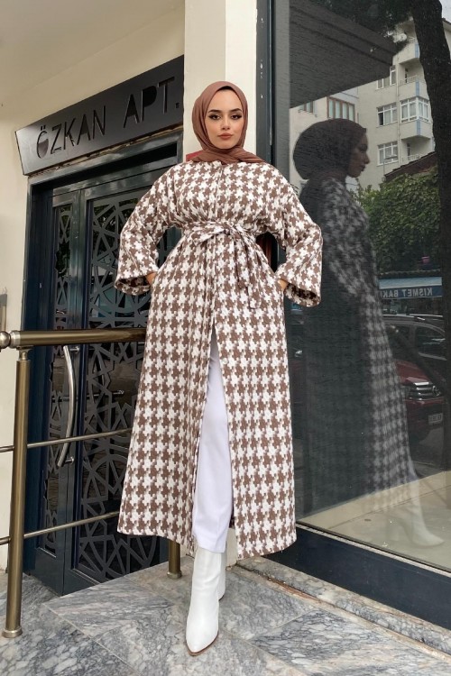 Kaz Ayağı Desenli Kap Kahverengi