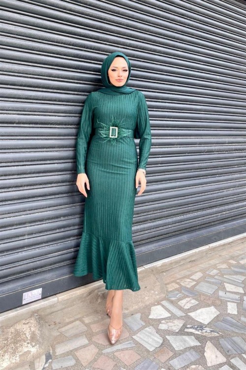 Kemeri Tüylü Kendinden Çizgili Elbise Zümrüt