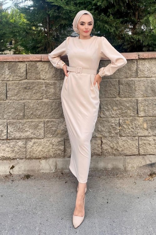 Kemerli Kalem Tesettür Elbise Taş