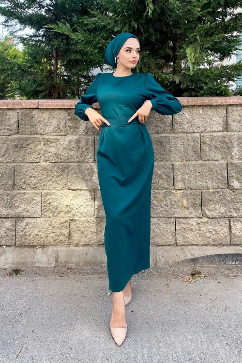 Kemerli Kalem Tesettür Elbise Zümrüt