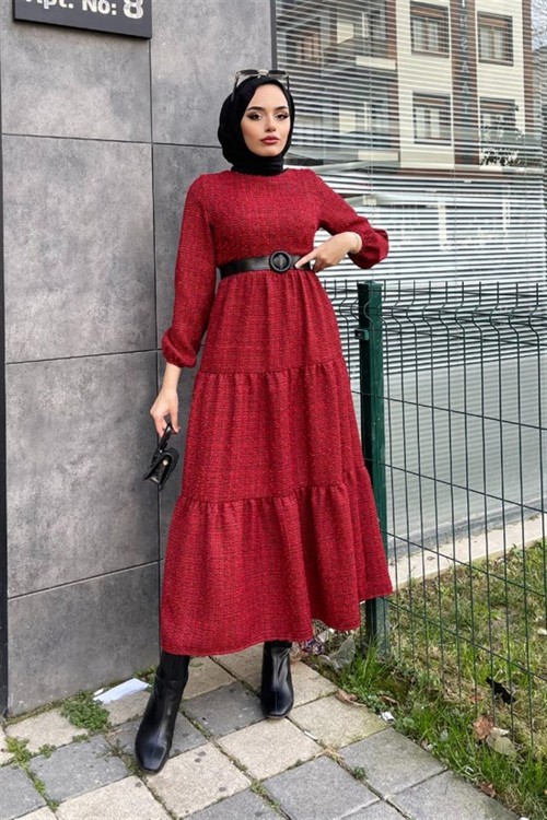 Kemerli Kolu Lastikli Elbise Kırmızı