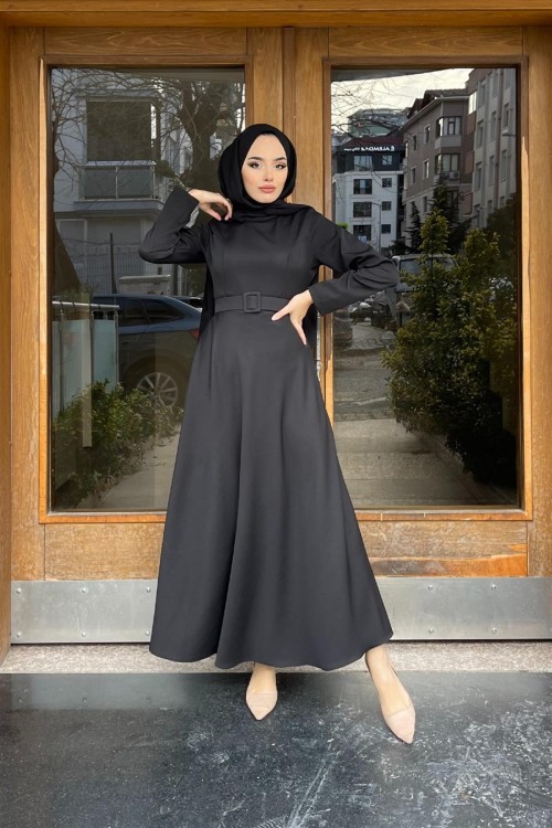 Kemerli Mevlane Elbise Siyah