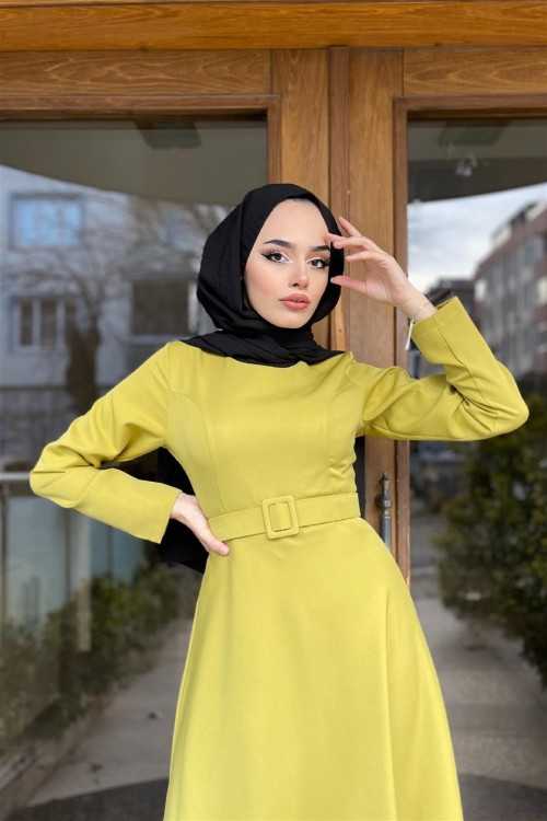 Kemerli Mevlane Elbise YağYeşili