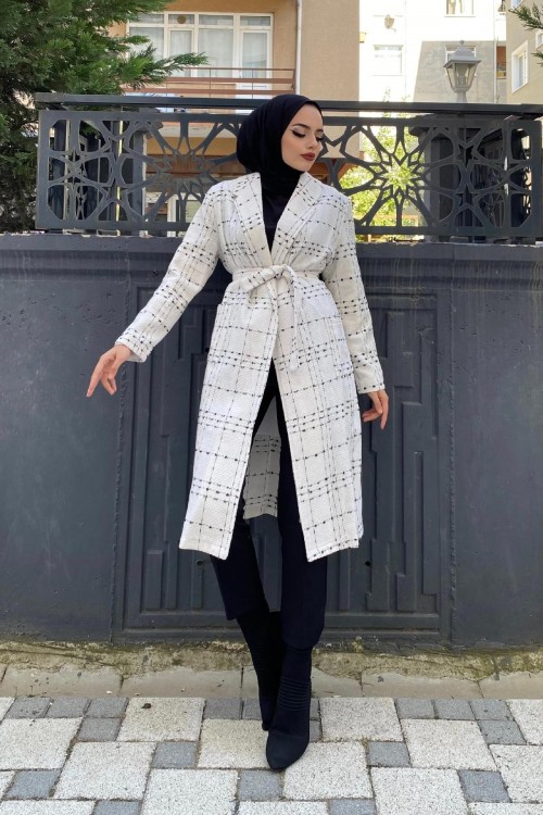 Kemerli Trençkot Beyaz