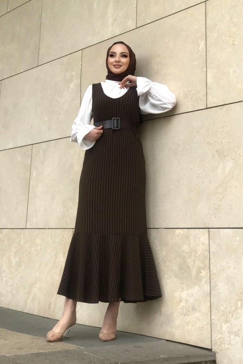 Kendinden Çizgili Jile Elbise Kahverengi