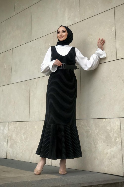 Kendinden Çizgili Jile Elbise Siyah