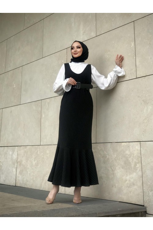 Kendinden Çizgili Jile Elbise Siyah