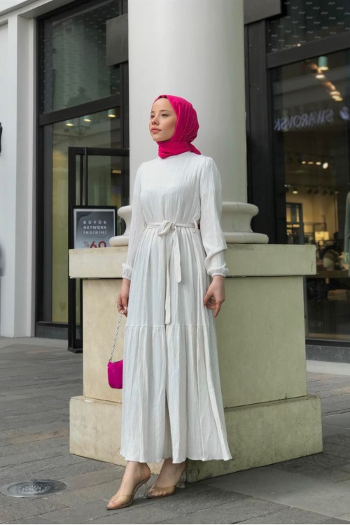 Kendinden Çizgili Maxi Elbise Bej