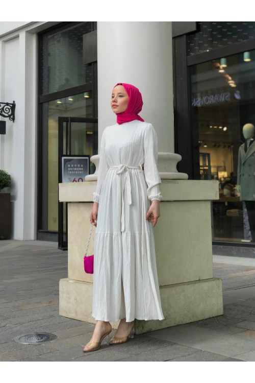 Kendinden Çizgili Maxi Elbise Bej