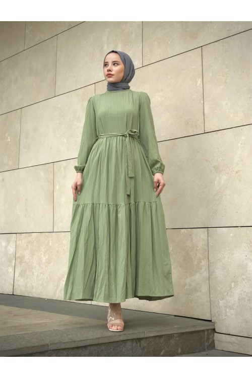 Kendinden Çizgili Maxi Elbise Çağla