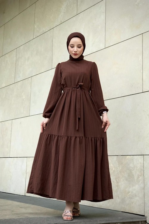 Kendinden Çizgili Maxi Elbise Kahverengi