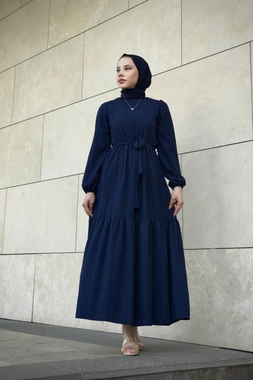 Kendinden Çizgili Maxi Elbise Lacivert