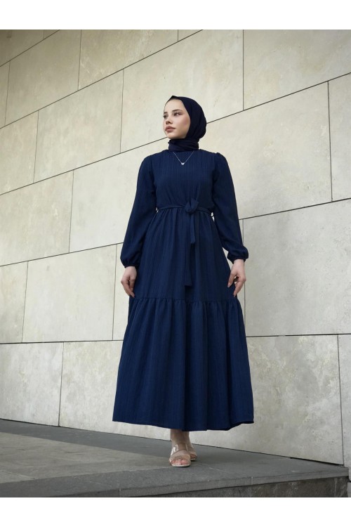 Kendinden Çizgili Maxi Elbise Lacivert