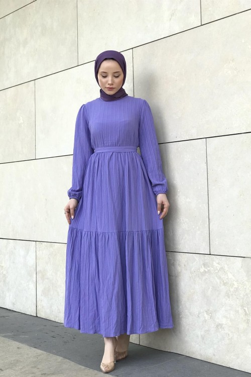 Kendinden Çizgili Maxi Elbise Lila