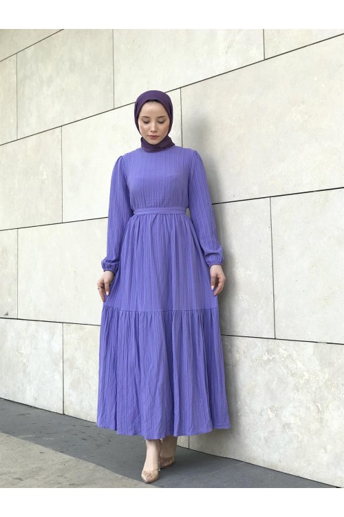 Kendinden Çizgili Maxi Elbise Lila